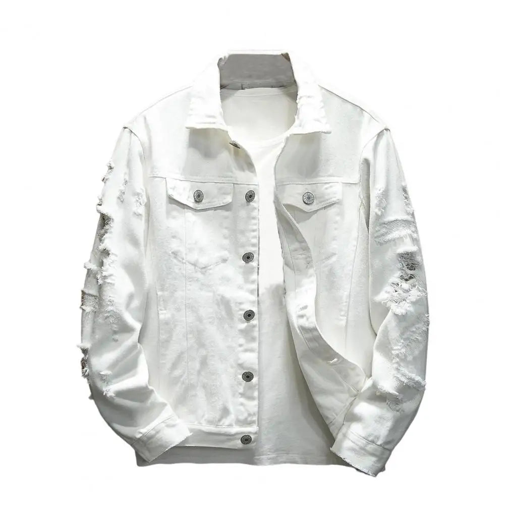 New 2024 Men's Fashion Jeans Jacket Solid Spring Autumn Cotton Denim Jacket Men White Black Pink Ripped Hole Jean Coats Male