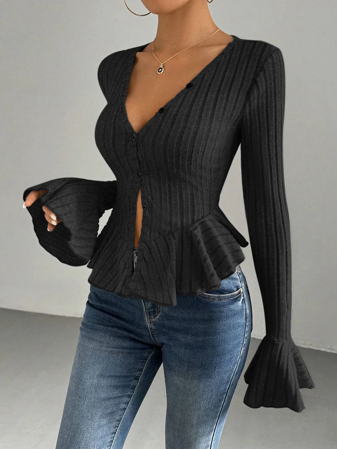 Elegant Women's Slim V Neck Long Sleeve Ruffle Tops