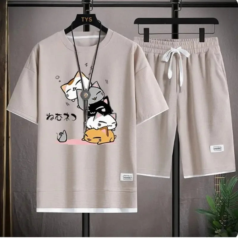 Men's Summer Waffle Set Brand Fashion Casual T-shirt+Shorts Set Men's Sports Set Loose ComfortableSlo Two-piece Set