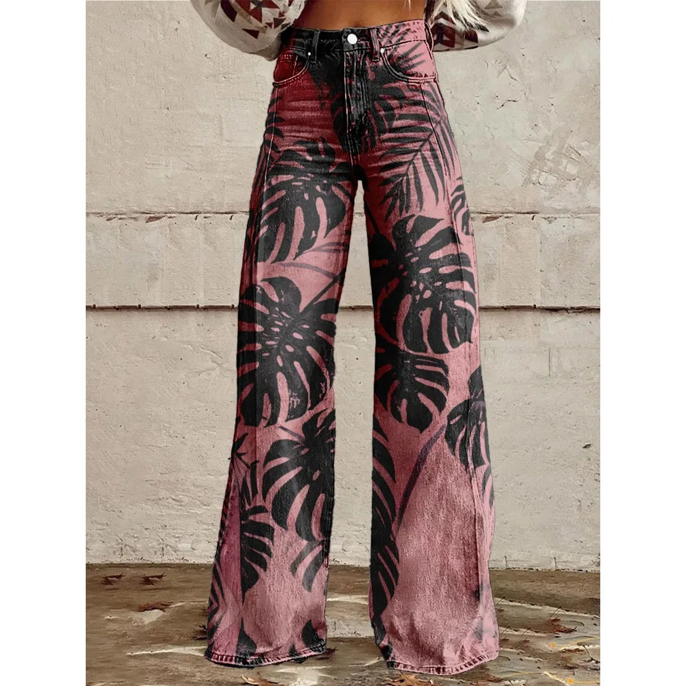Colorful Tropical Leaf Print Wide Leg Pants for Women