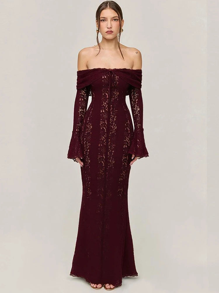 Elegant White Evening Dress with Red Lace Long Sleeves
