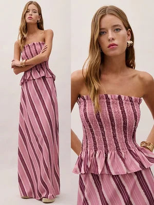 MALEY LifeStyle Women's Striped Midi Skirt and Strapless Top Set