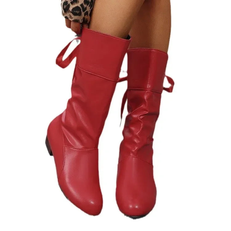 YBQJOO Women's Mid-Calf Chelsea Boots in Red, Black and White