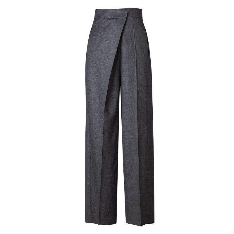 Gray High-Waisted Straight-Leg Wool Pants for Women