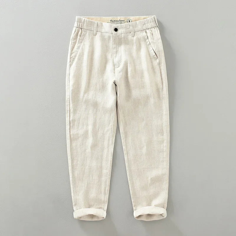 2025 Summer New Breathable Pure Linen Casual Pants for Men Clothing Slim Streetwear Men Ankle-length Pants EC1333