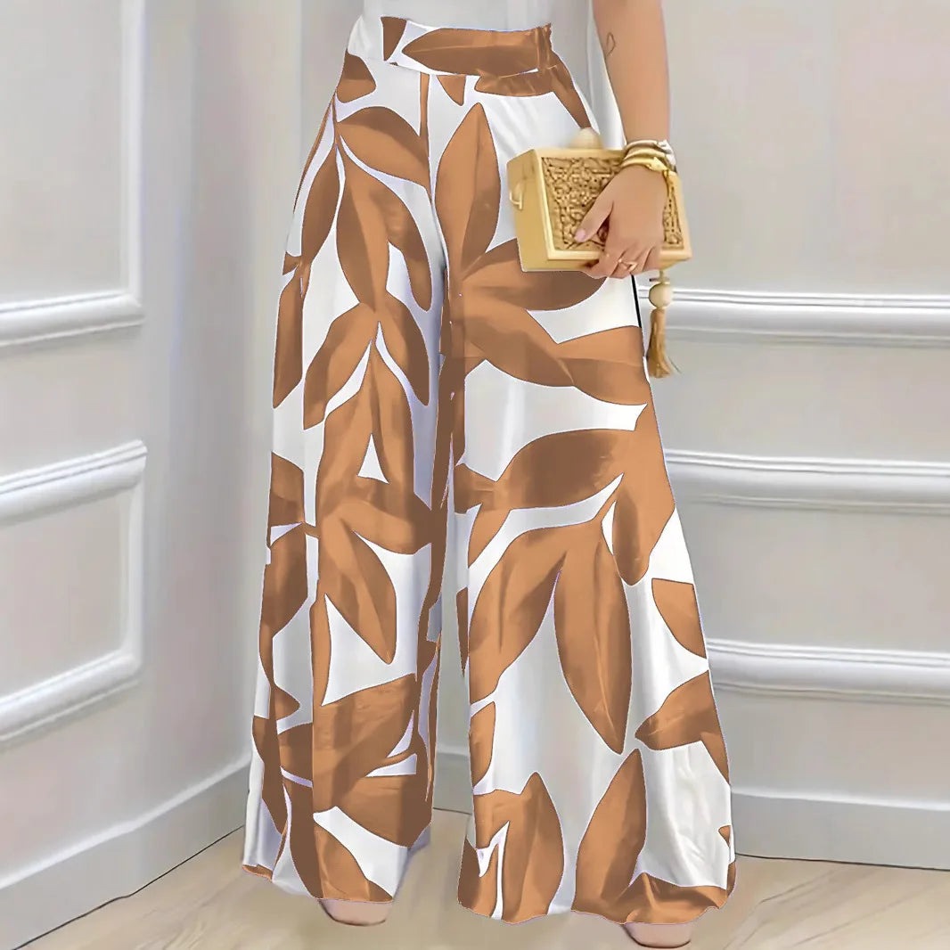 Elegant Boho Wide-Leg Trousers for Women in Blue Leaf Print