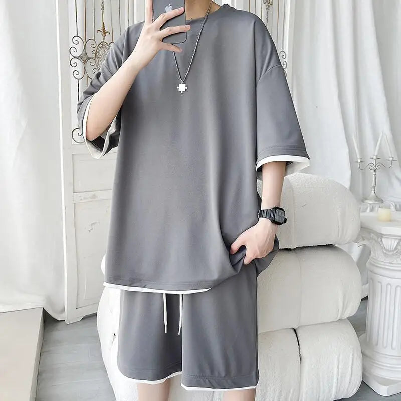 Men's Summer Solid Color 2-Piece T-Shirt and Shorts Set Casual Wear