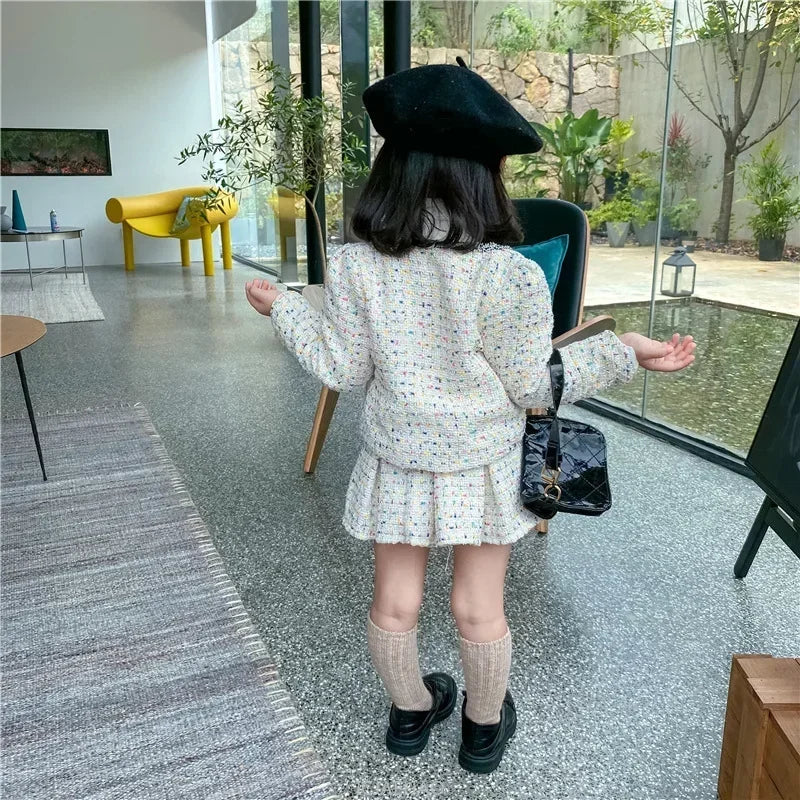Girls Tweed Coat and Skirt Set for Kids Autumn Fashion