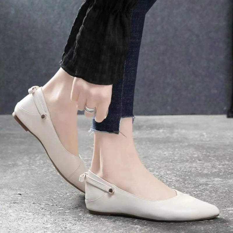Shoes for Women 2025 Pointed Toe with Bow Ladies Summer Footwear Flats Moccasins White Flat Slip on Young Trend Chic and Elegant