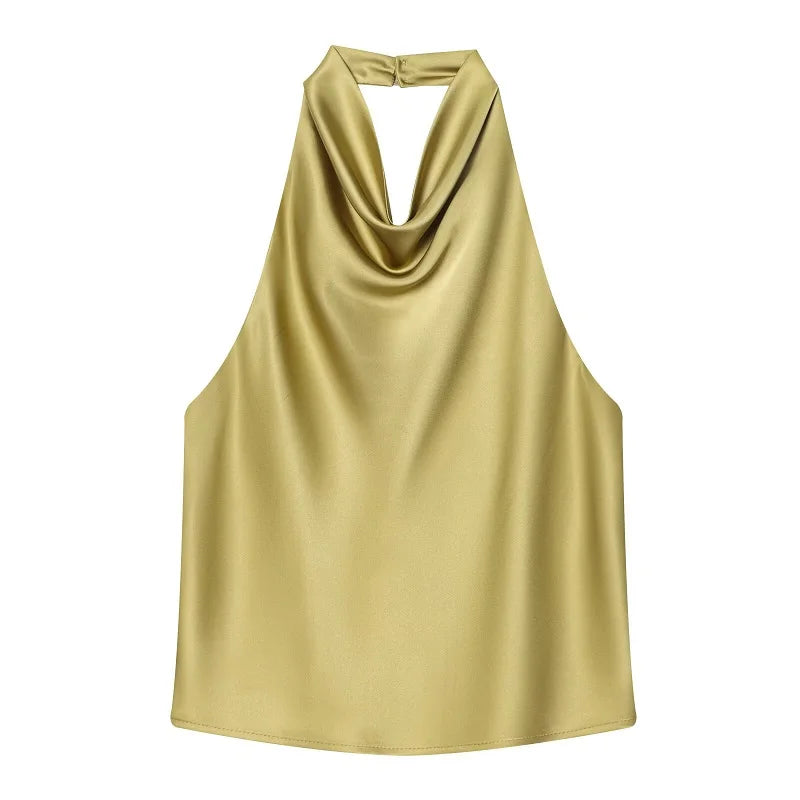 MUJER Black Satin Backless Halter Top for Women Summer Nights
