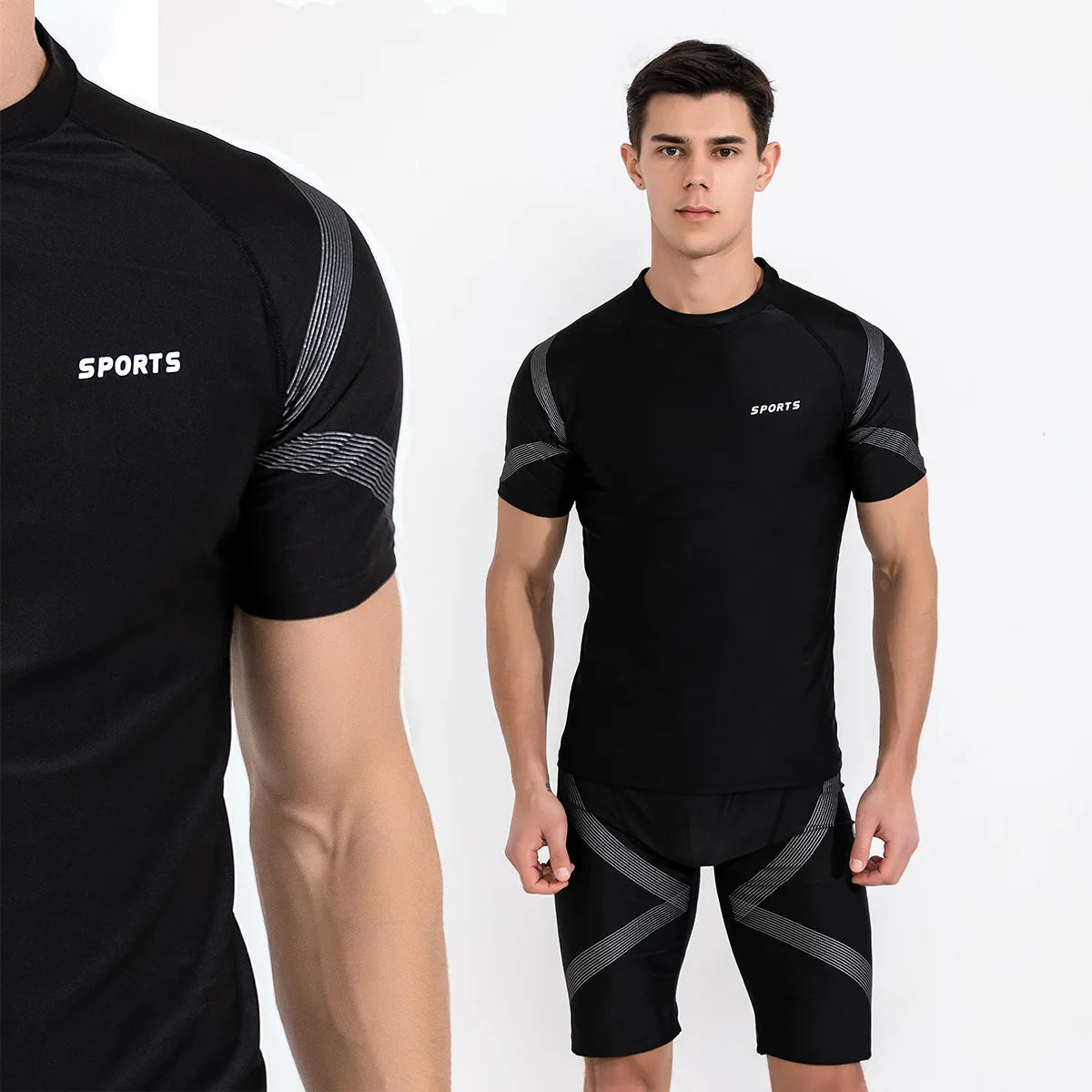 Men's Polyester Swimwear Set with Tight Elastic Shorts and Shirt