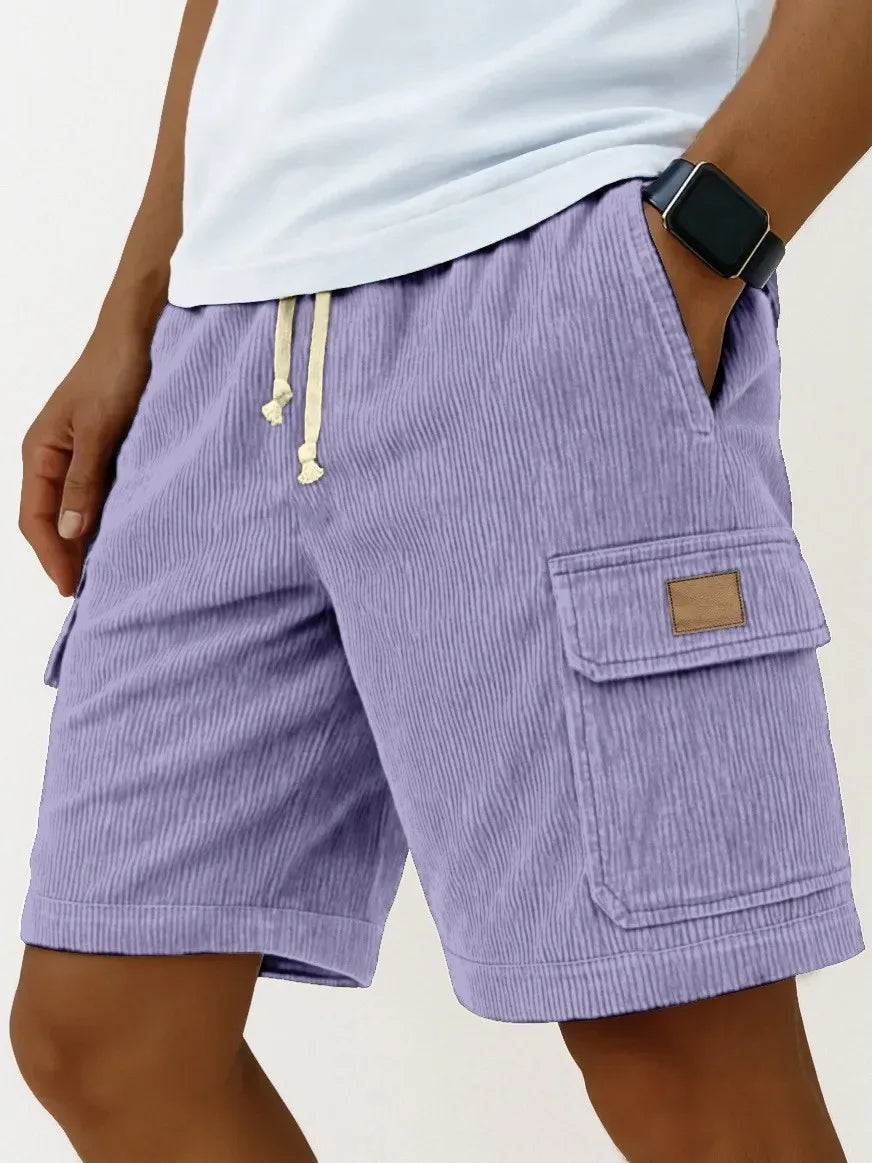 Men's Workwear Shorts Summer Casual Corduroy Loose Elastic Waist Multi-Pocket Leisure Pants Embroidery Retro Style Male Trousers