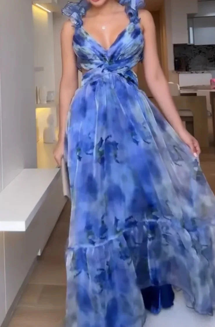 Floral Printed V-Neck Long Dress for Women by MALEY LifeStyle