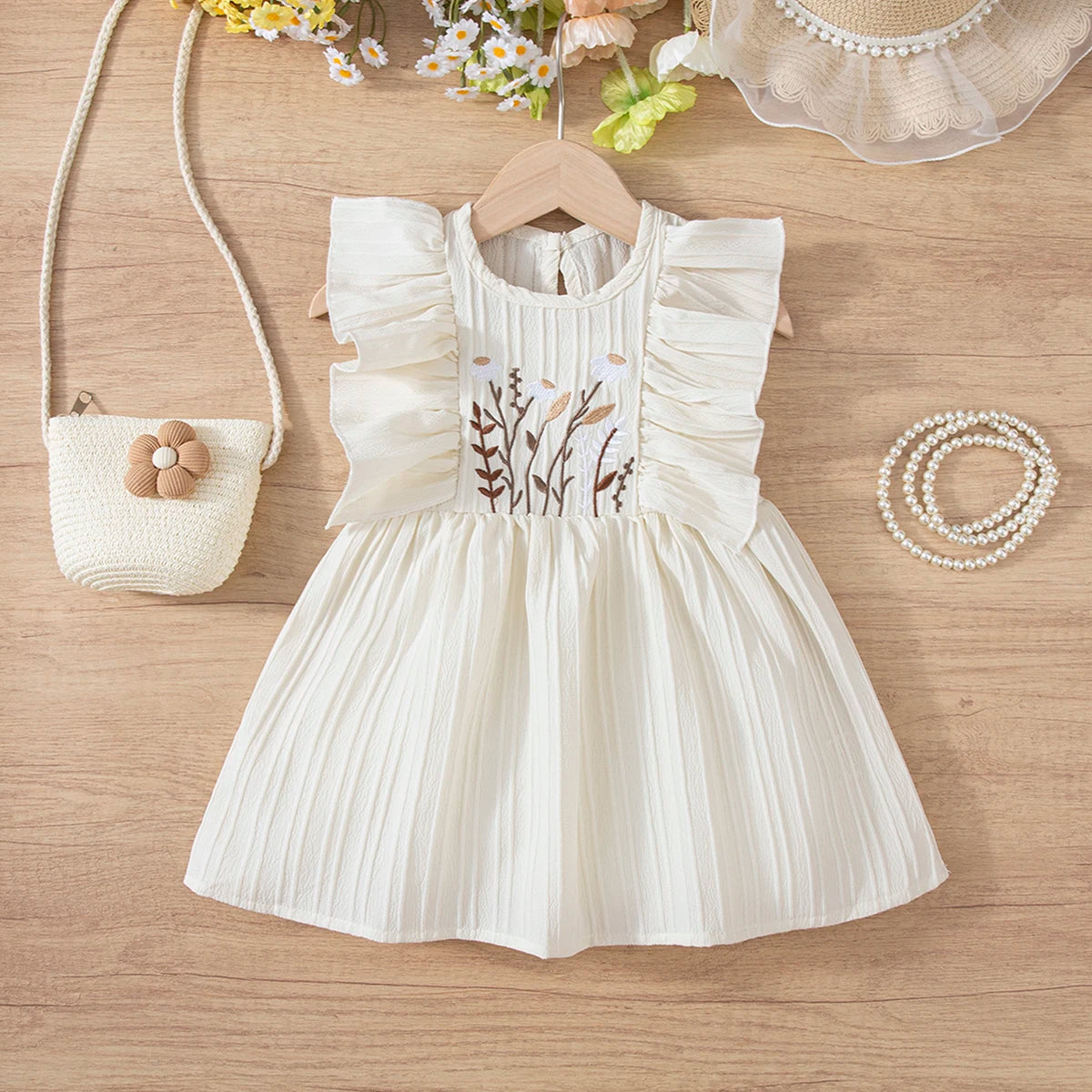 Girls' Floral Print Summer Dress with Ruffle Sleeves