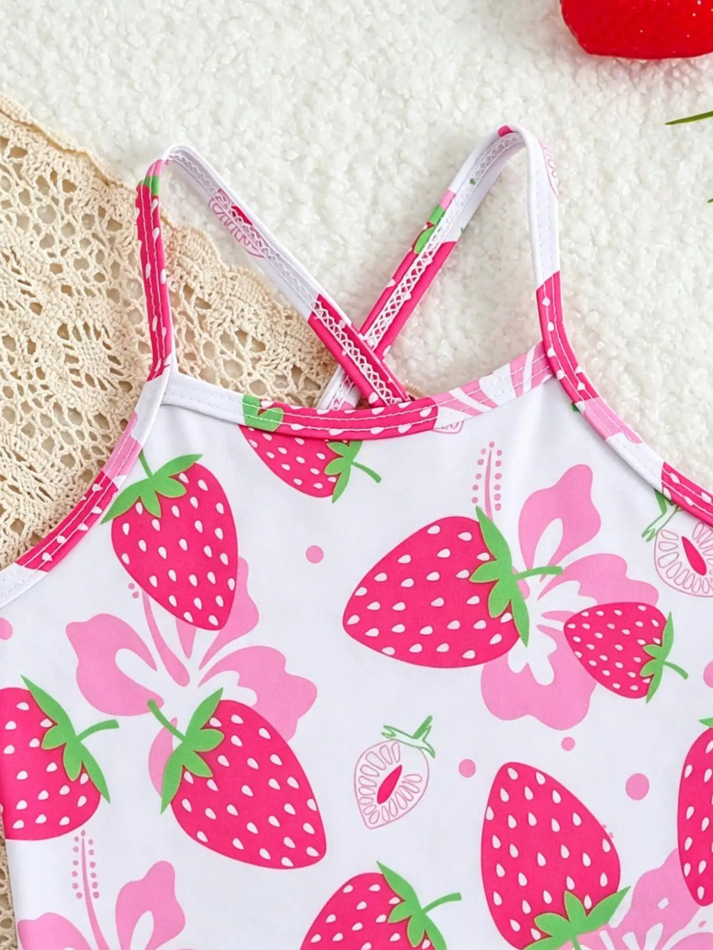 Girls' Strawberry Print One-Piece Swimsuit and Skirt Set
