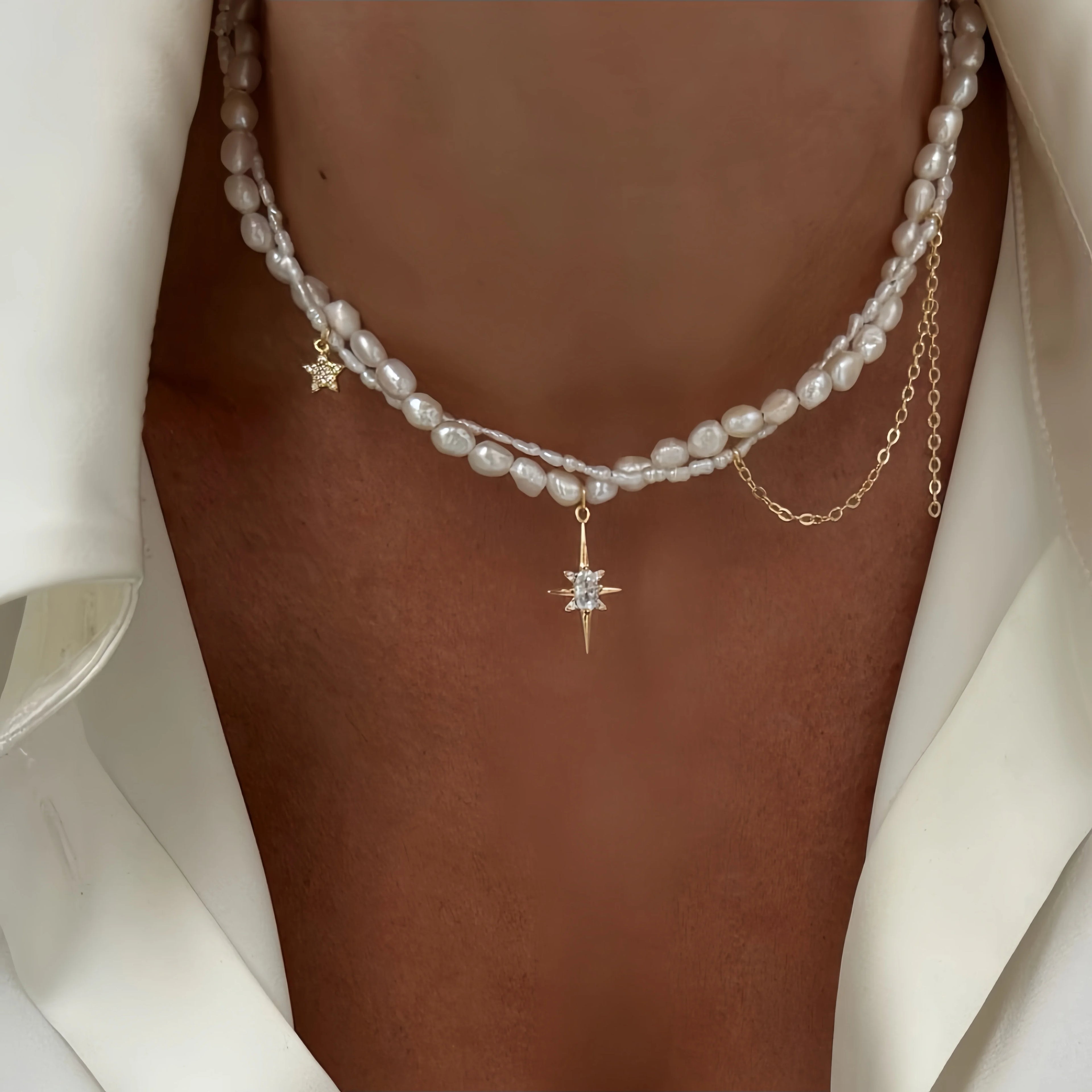 Gold Silver Minimalist Pearl Necklace for Women