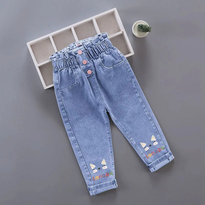Girls Denim Pencil Pants with Elastic Waist for Casual Wear