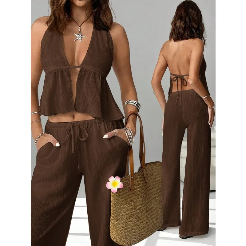 Chic Halter Backless Crop Top and Wide Leg Pants Set