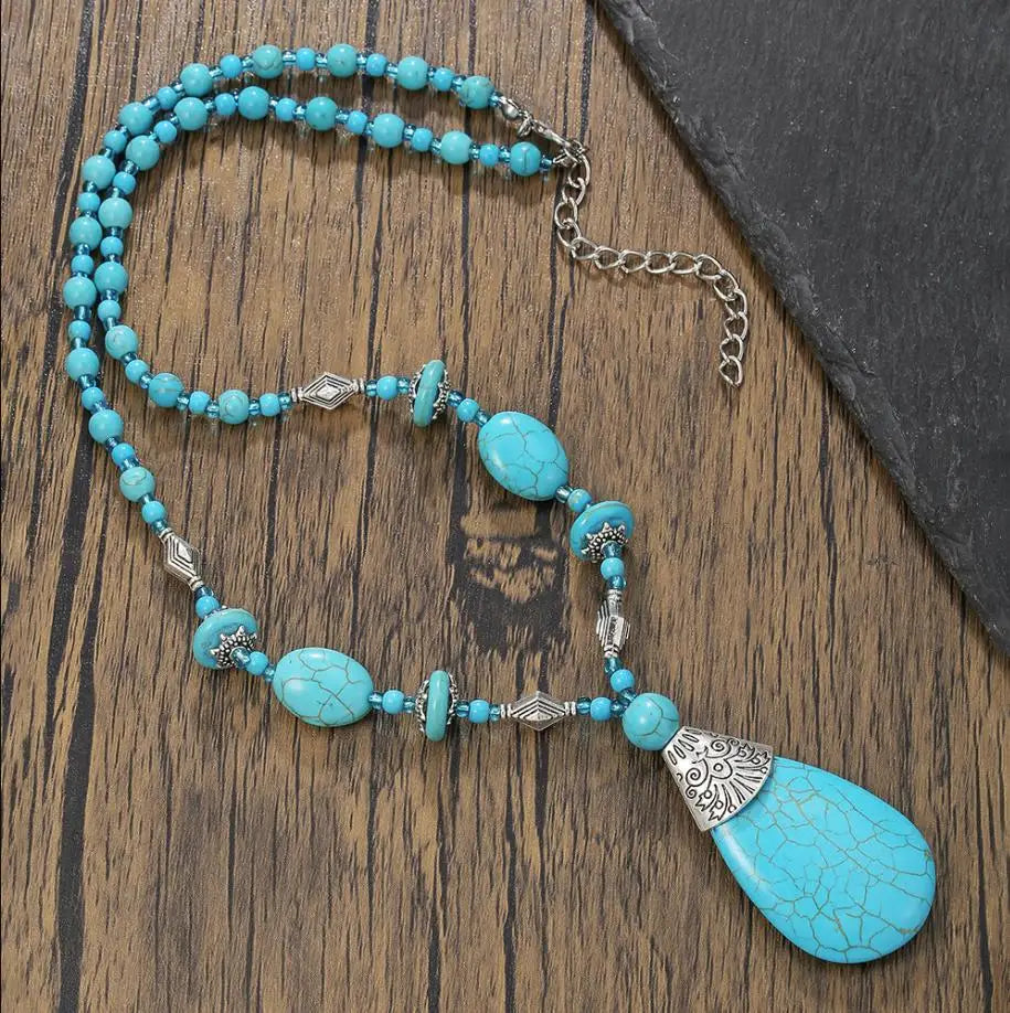 Elegant Turquoise Beaded Necklace for Women with Teardrop Pendant