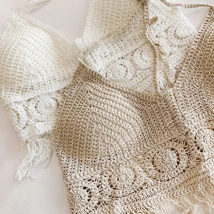 Woman Sexy Top Crochet Tank Tops Women Corset Tanks Crop Camisole Open-Knit Camis with Built-in Pad Tassels Bralette Beach Tops