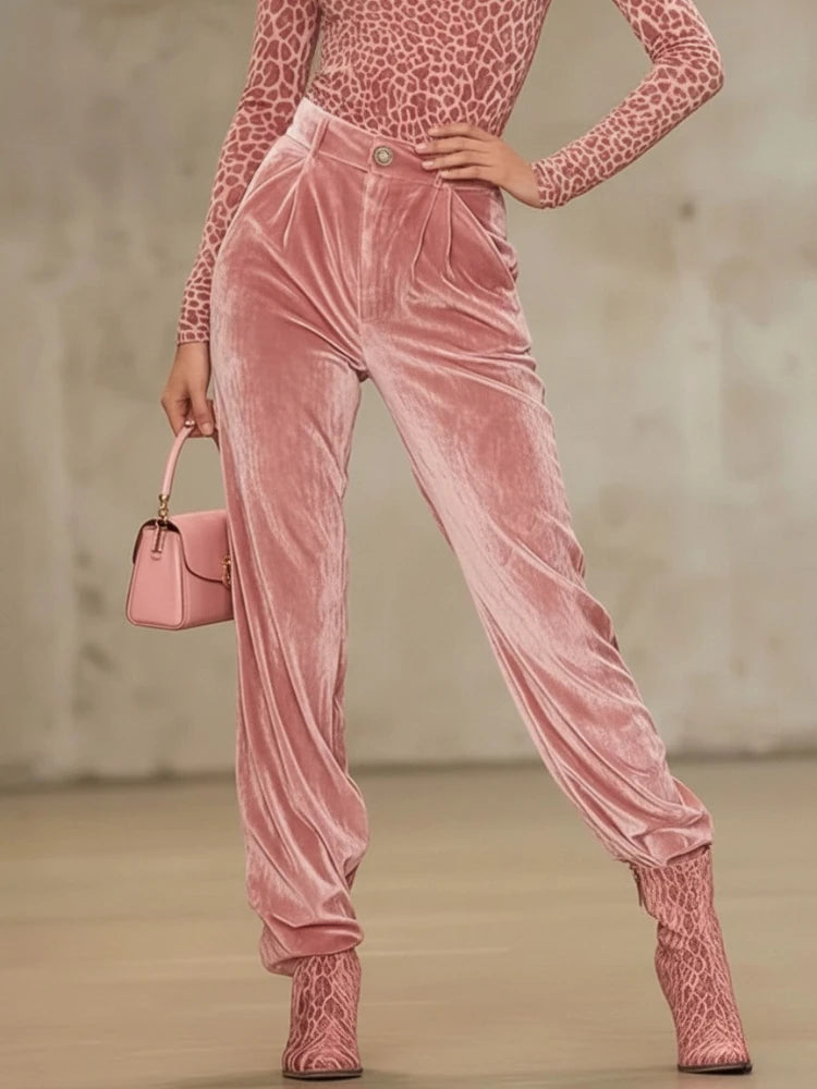 Bonboho Women's Pink Velvet High Waist Loose Fit Trousers