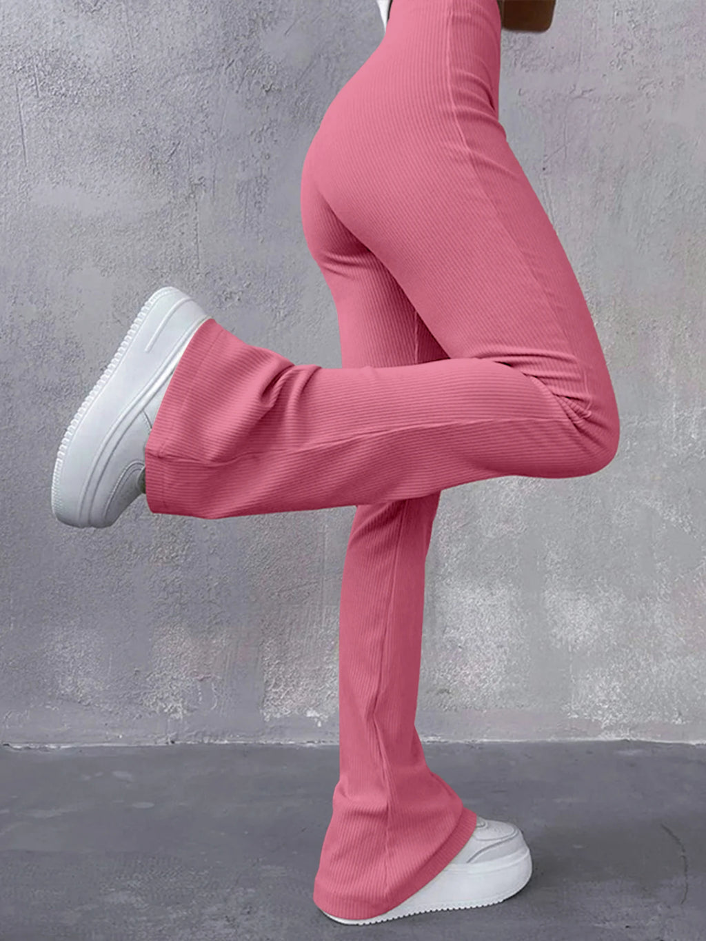 High Waisted Flared Pants for Women in Ribbed Solid Color