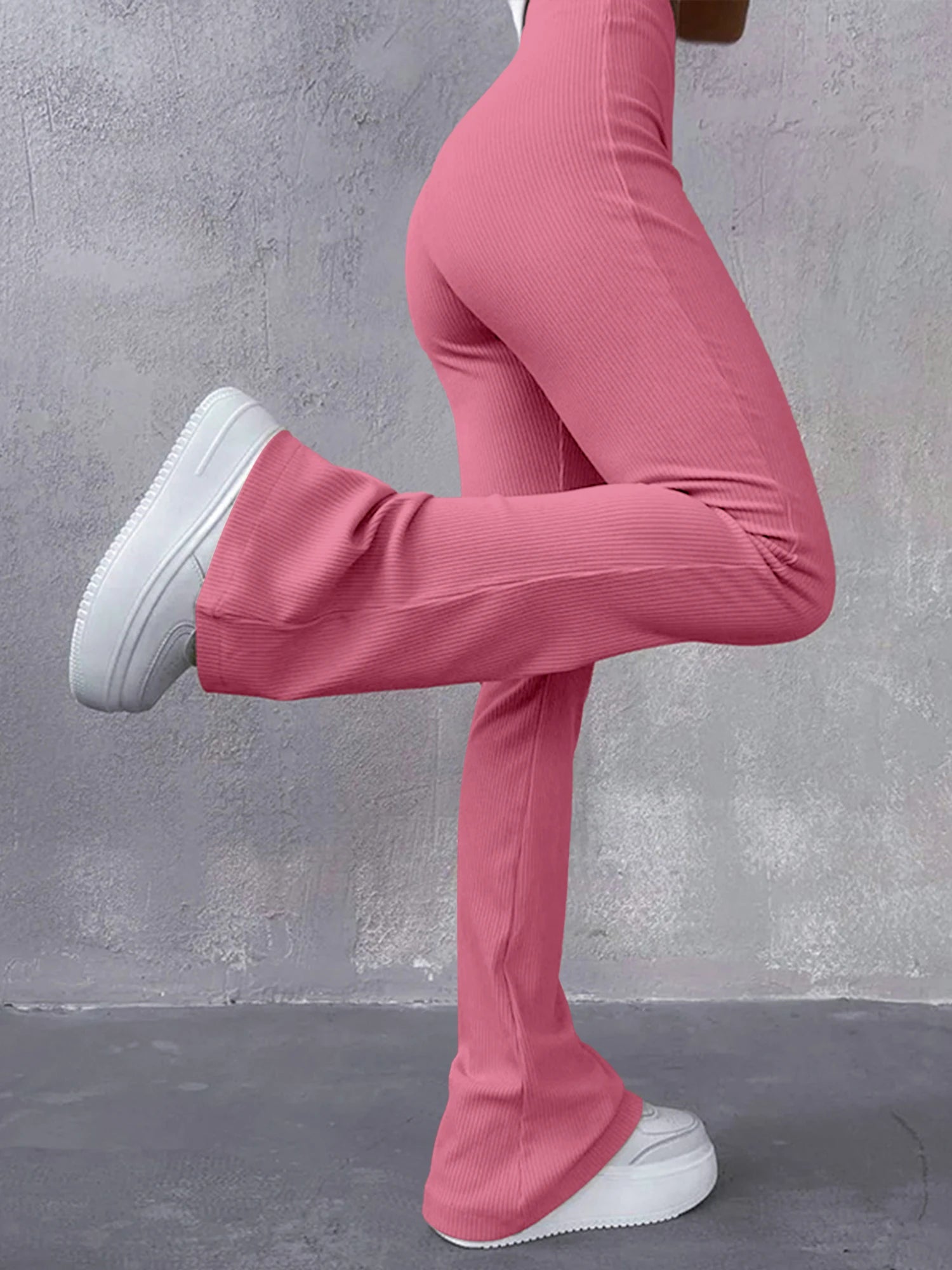 High Waisted Flared Pants for Women in Ribbed Solid Color