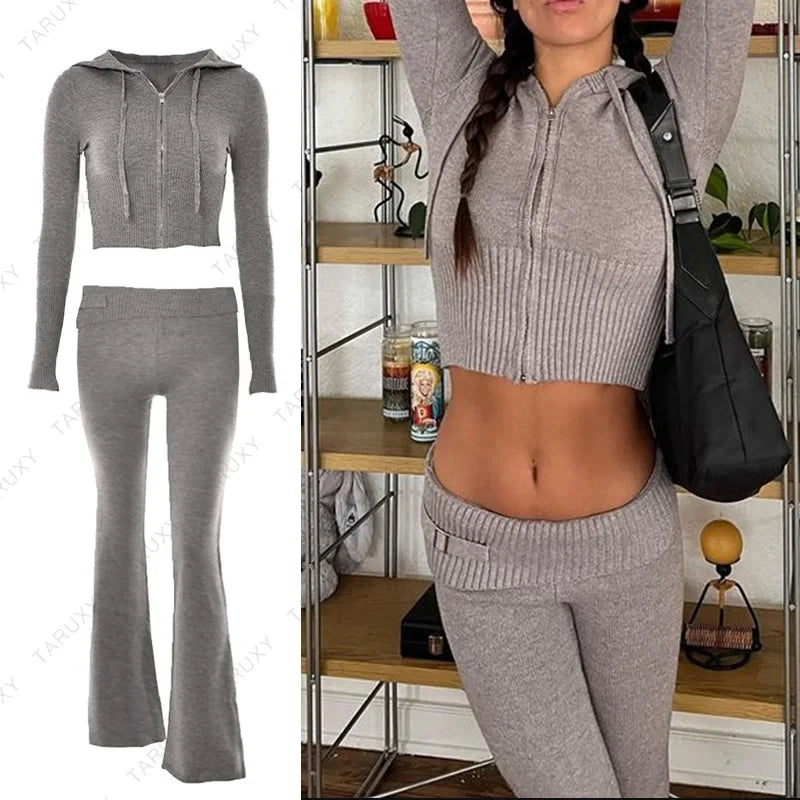 TARUXY Women Zipper Hoodie Set with Flare Pants for Casual Wear