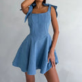 Stylish Denim Dress for Women with Bow and Spaghetti Straps