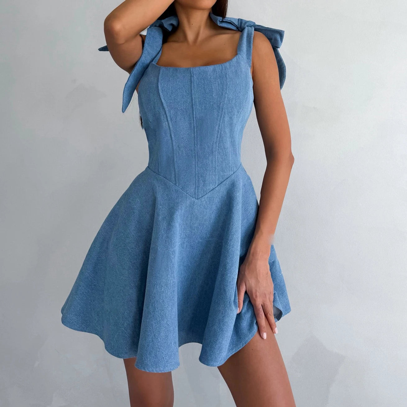 Stylish Denim Dress for Women with Bow and Spaghetti Straps
