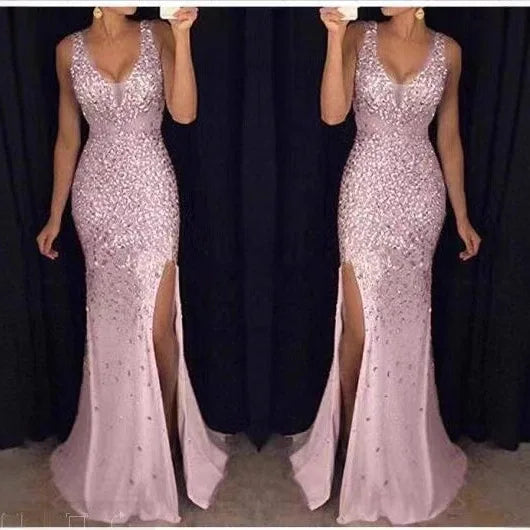 Women's Ankle-Length Slit Bronzing Dress with V-Neckline