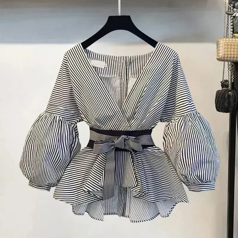 Elegant Women V-Neck Chiffon Shirt and Ripped Jeans Set