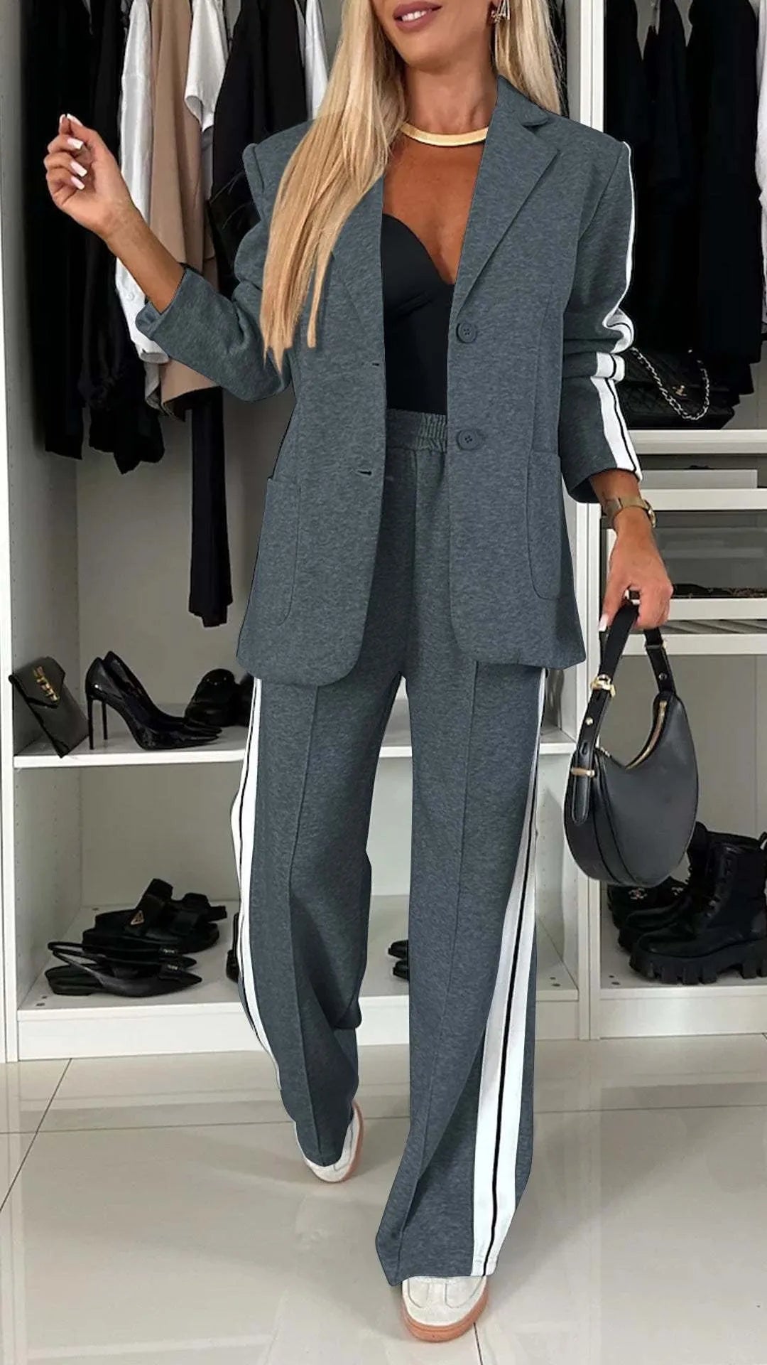 Btsukimi Women's Color Block Blazer and Wide Leg Pants Set