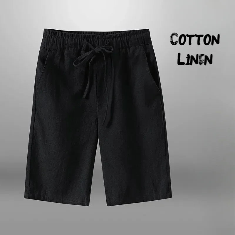 Men's Cotton Linen Casual Knee Length Beach Shorts