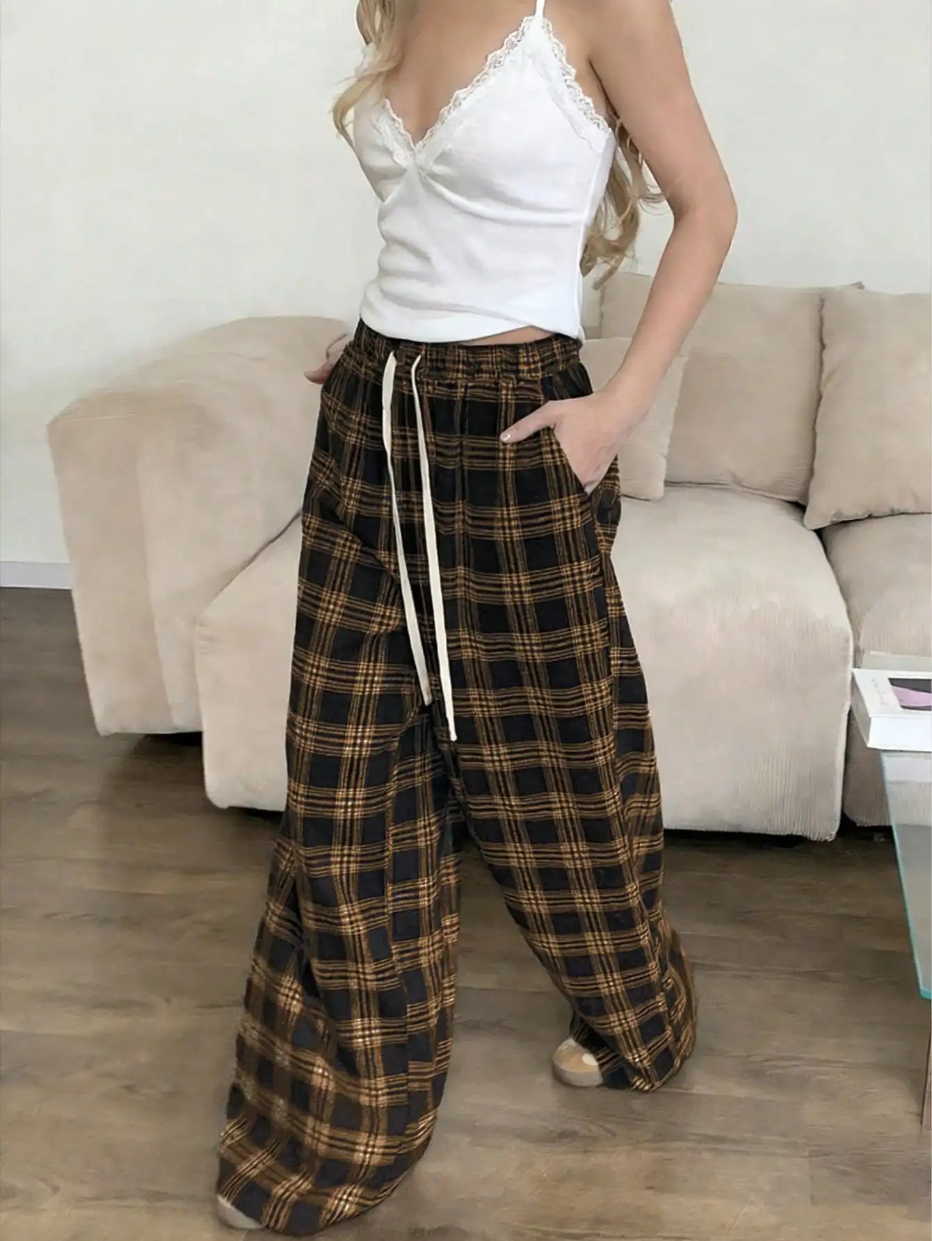 Women's High Waist Plaid Drawstring Wide Leg Pants
