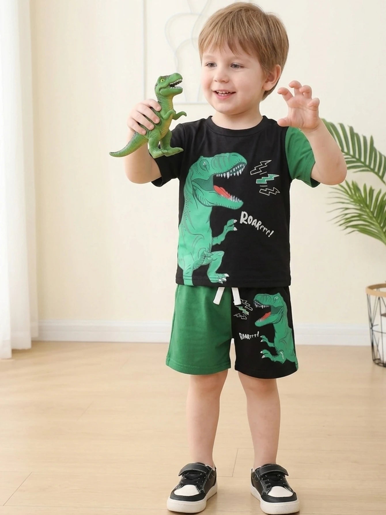 Boys Dinosaur ROAR Print Color Block Summer Outfit Set