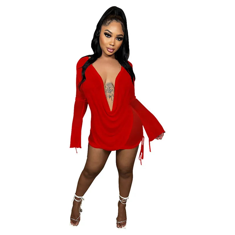 Chiffon Mini Dress for Women with Deep V-neck and Long Sleeves