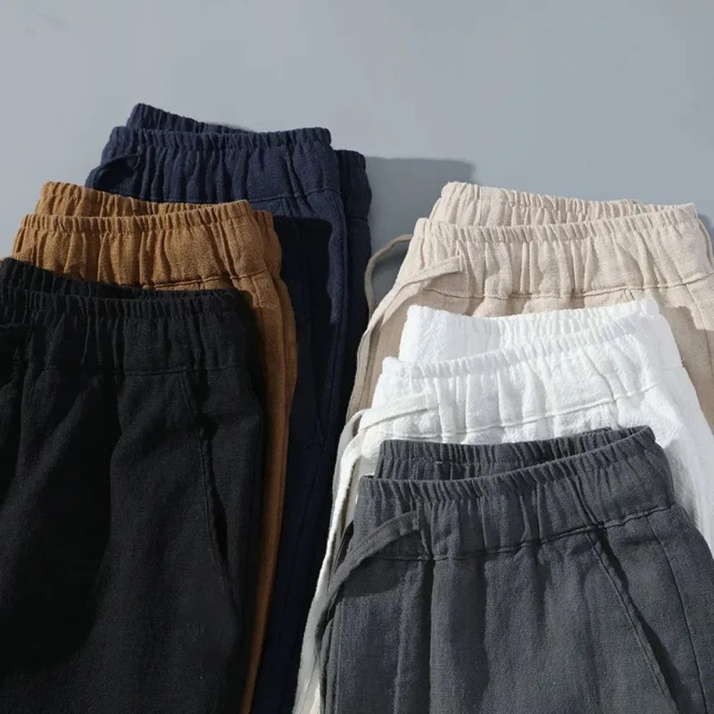 Men's Cotton Linen Casual Knee Length Beach Shorts