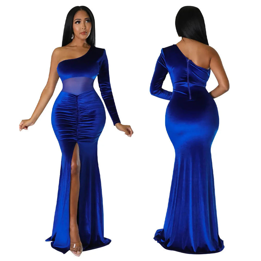 Floor-Length Evening Dress with Diagonal Collar by STEFION