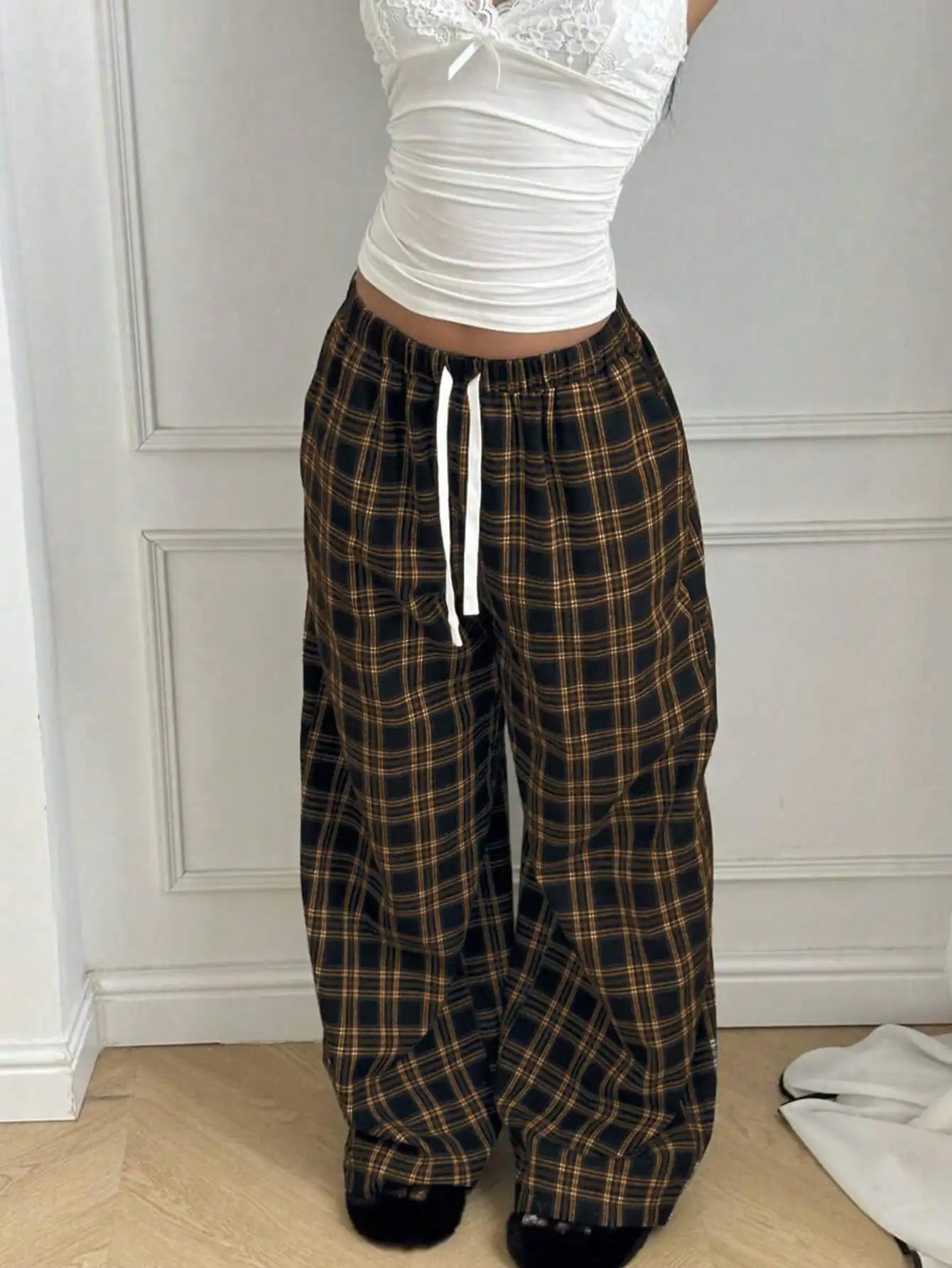 Women's High Waist Plaid Drawstring Wide Leg Pants