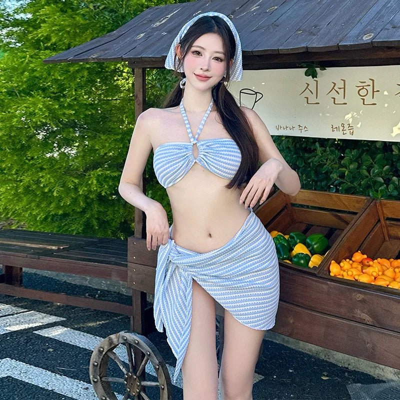 Women Blue Striped Bikini Set with Halter Neck Design