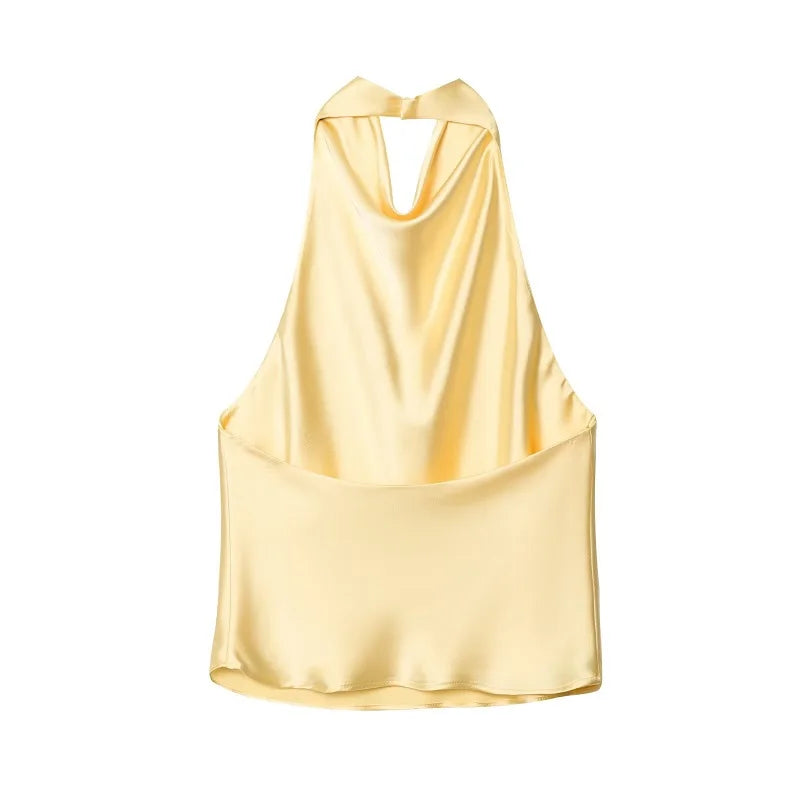 MUJER Black Satin Backless Halter Top for Women Summer Nights
