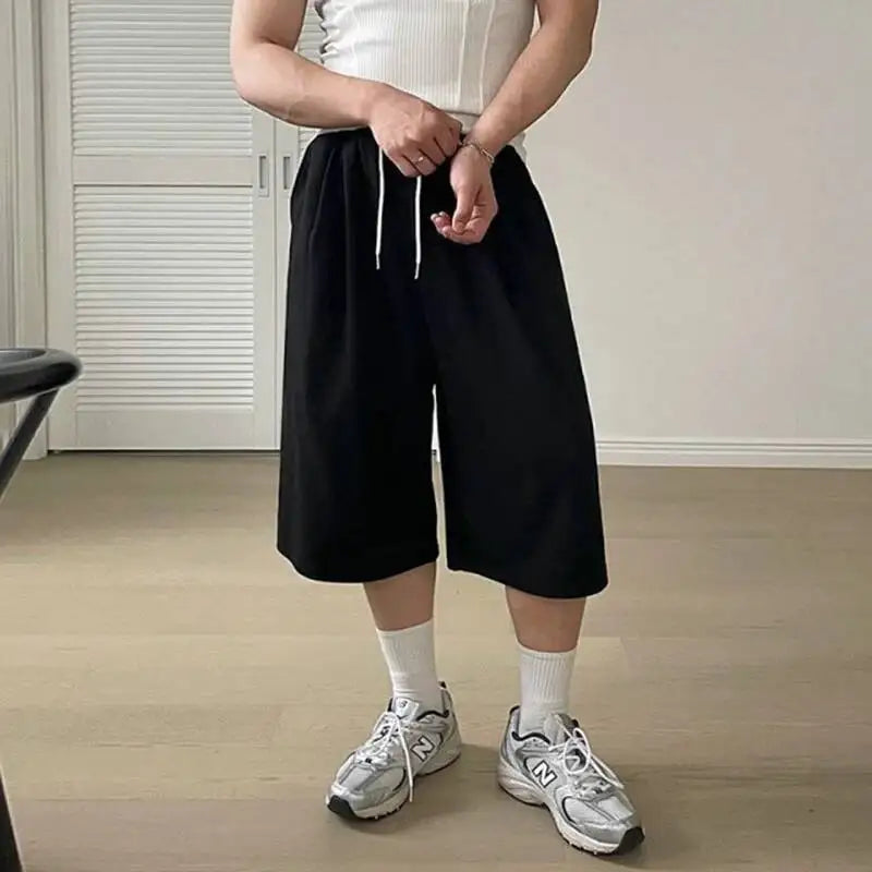 IEFB Korean Style Men's Sports Shorts Drawstring Solid Color Menswear Elastic Waist Straight Loose Wide Leg Male Bottom 9W2507