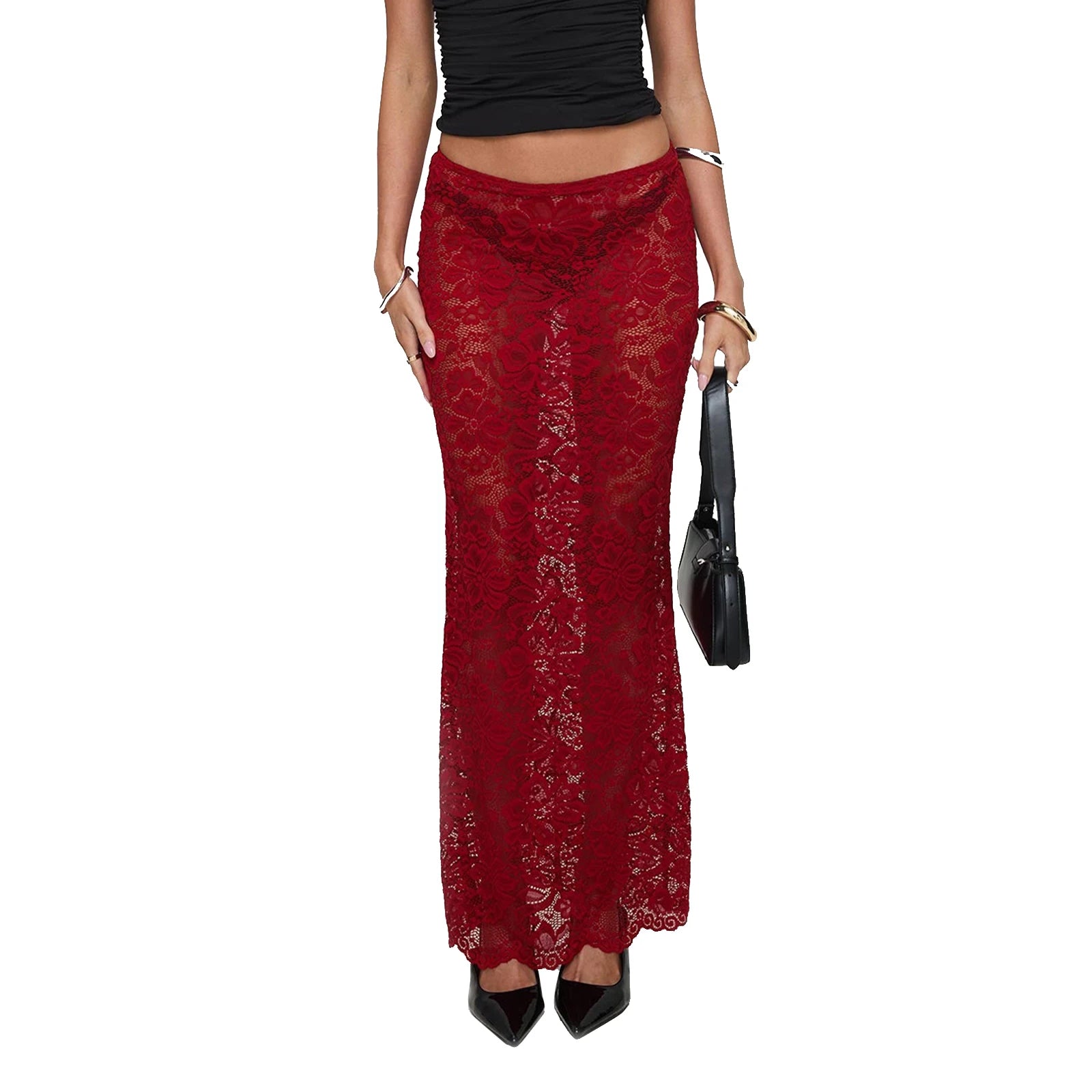 Elegant Women's Ankle-Length Lace Floral Skinny Skirt