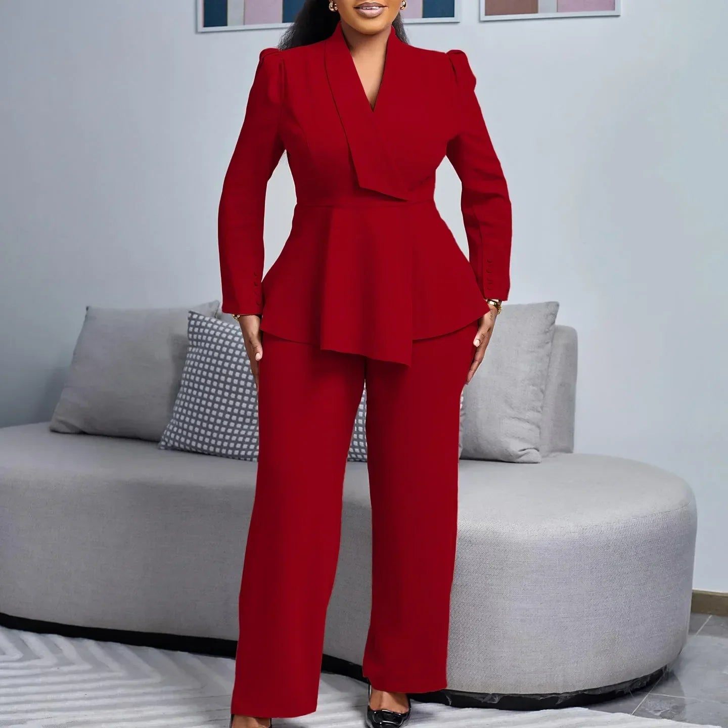 Chic Plus Size Women Blazer Coat and Tailored Pants Set