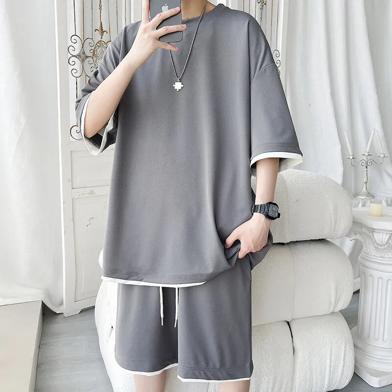 Men's Summer Solid Color 2-Piece T-Shirt and Shorts Set Casual Wear