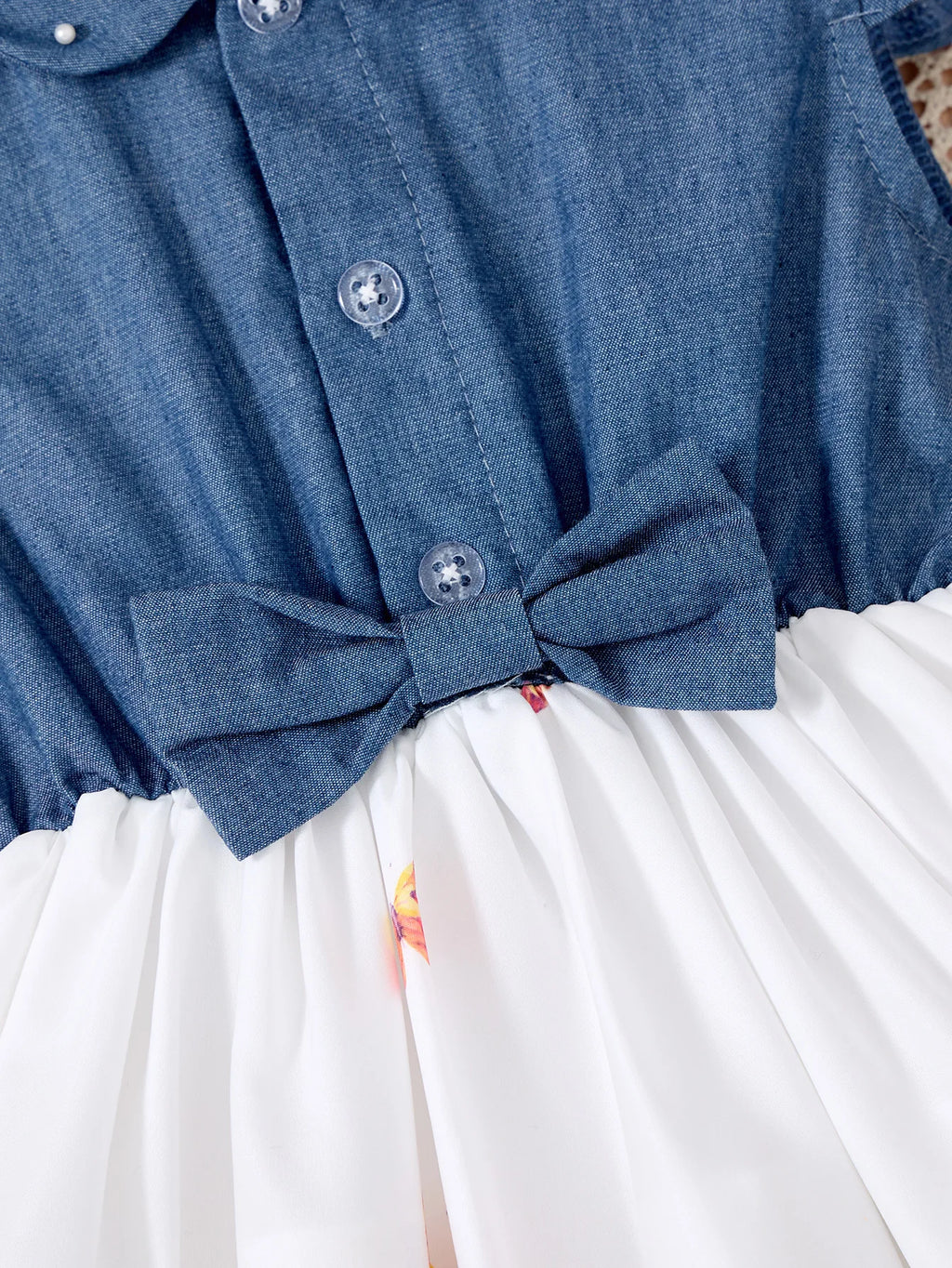 Denim Print Casual Dress for Girls with Bow and Ruffled Sleeves