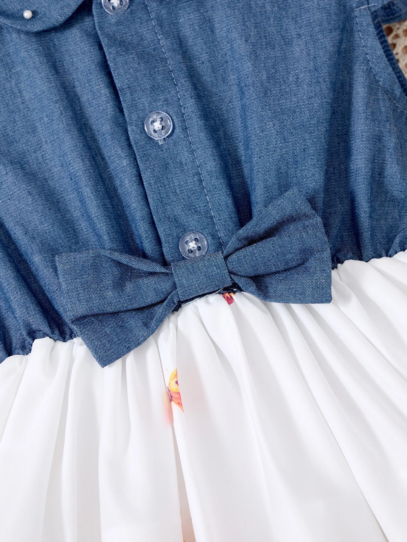Denim Print Casual Dress for Girls with Bow and Ruffled Sleeves