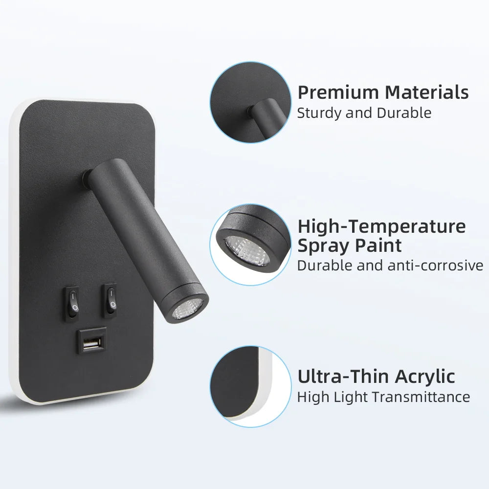 Modern LED Wall Lamp for Bedroom Reading in Black Plastic