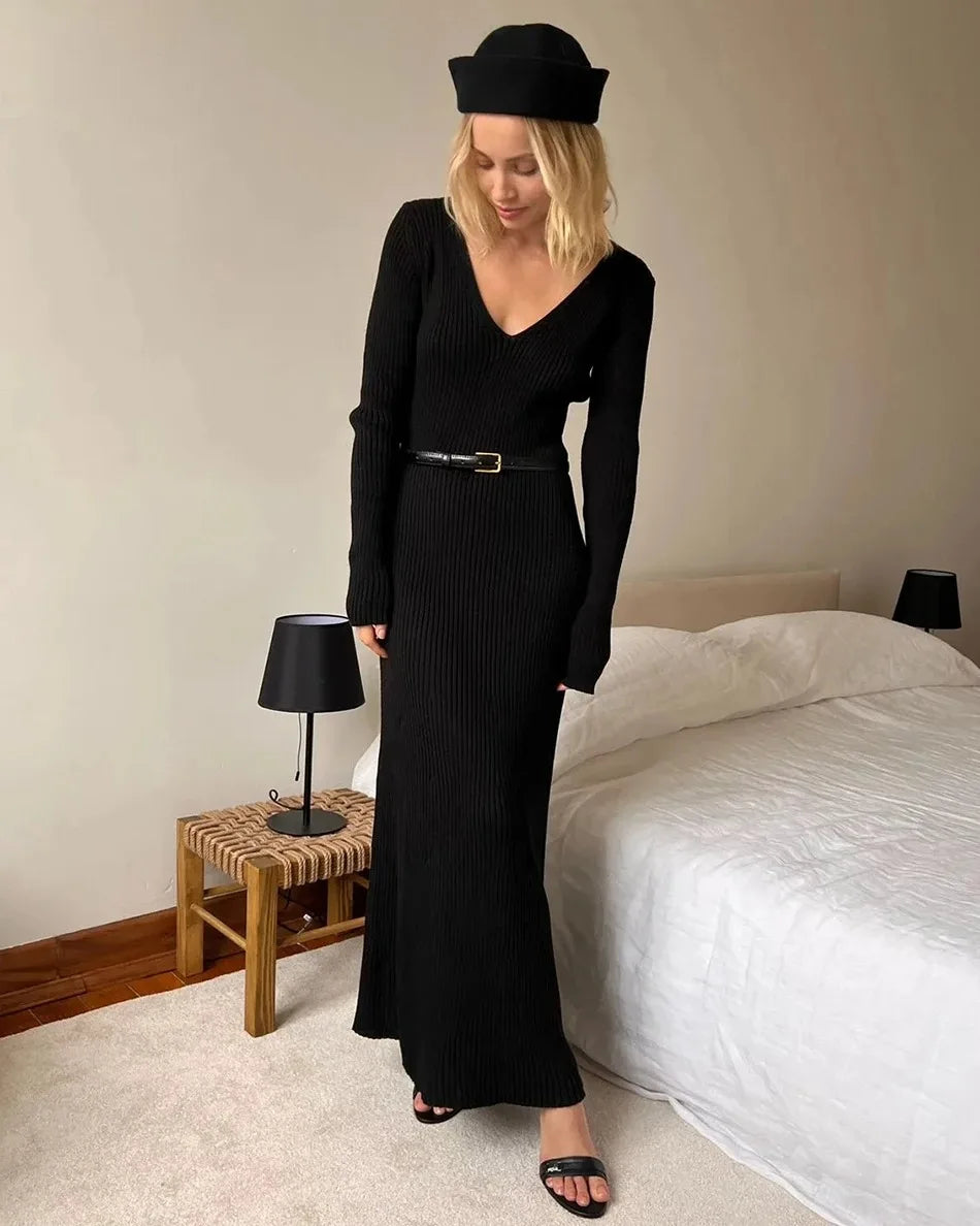 Elegant Brown Knitted Dress for Women with V Neck